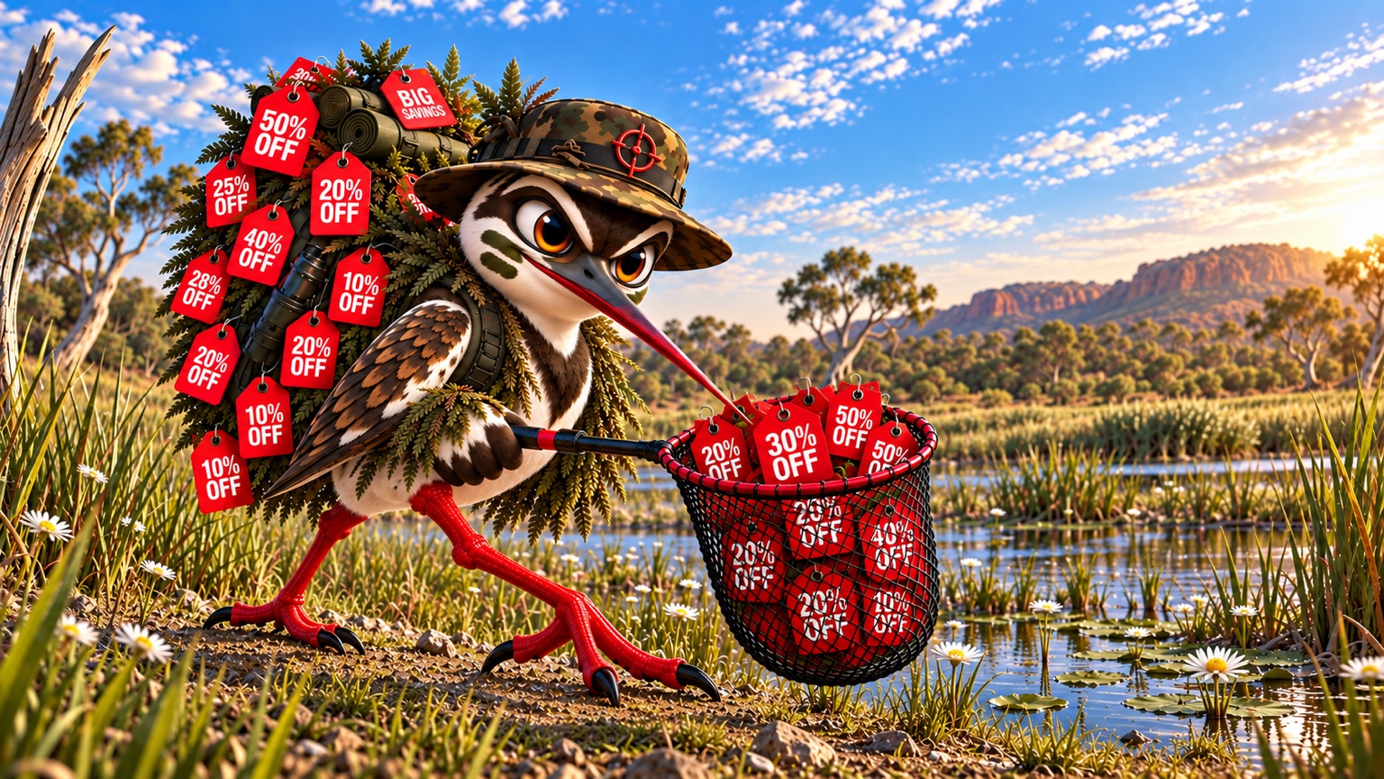 SnipeDeal deal-hunter snipe carrying discount tags through an Australian inland wetland